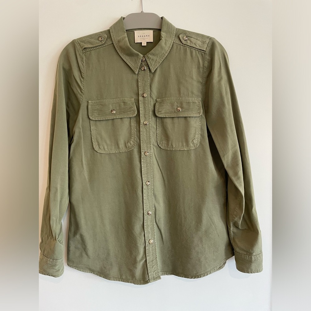 Sézane army green long sleeve button-up, size 36